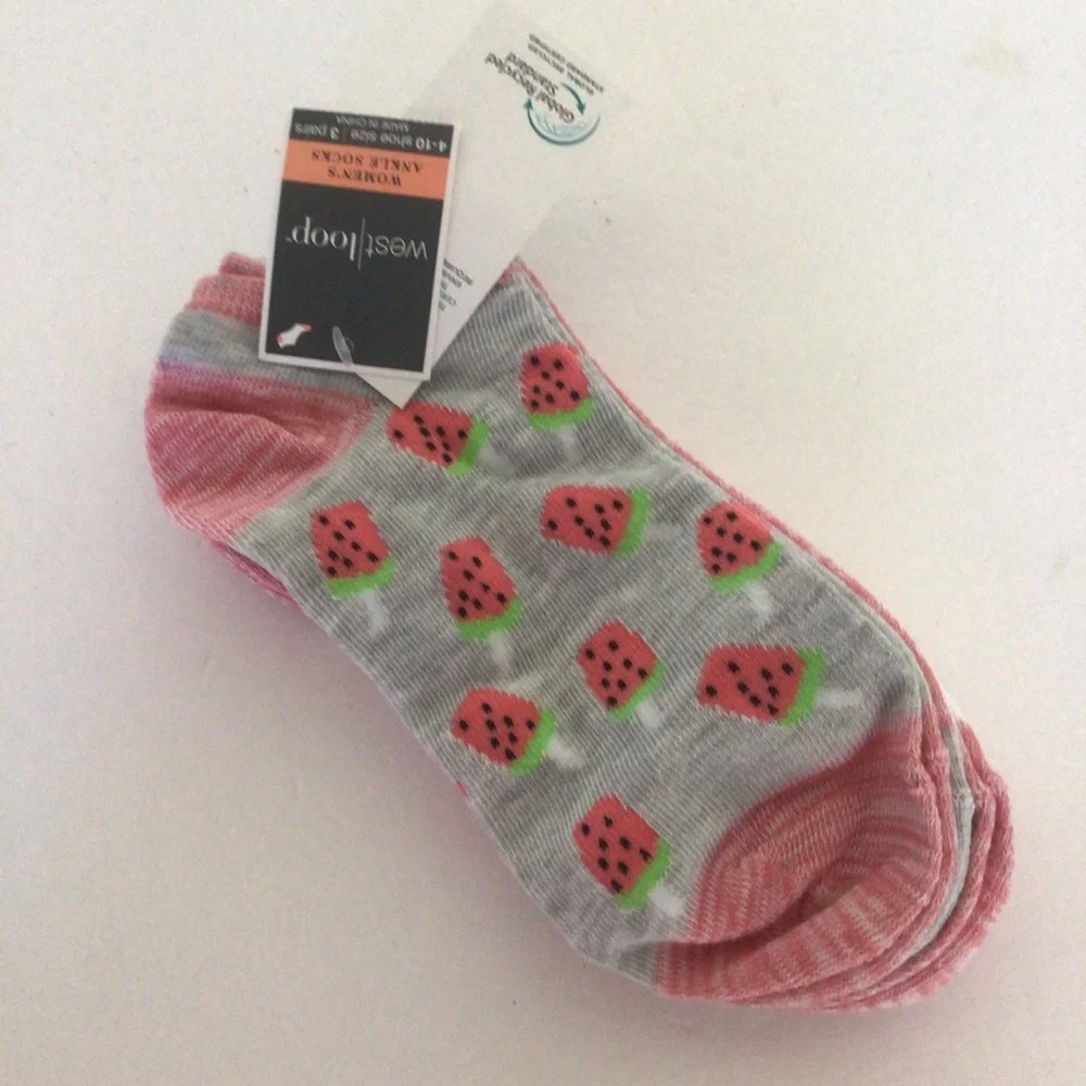 WEST LOOP 3 PAIRS LOW CUT ANKLE SOCKS NWT WATERMELON AND STRIPES